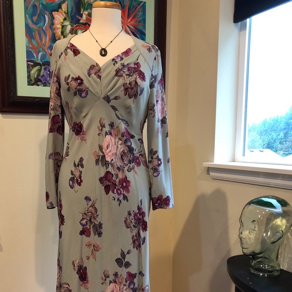 1990's Carole Little Rayon Floral 30's Inspired Pale Green Soft Bias Dress - M - Picture 10 of 12